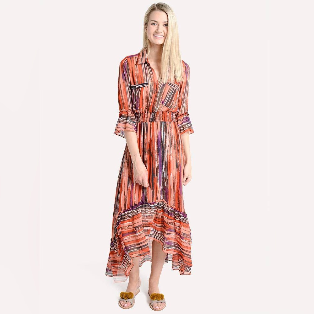 MISA Los Angeles Midi Dress XS Boho Stripe Shirt Dress Hi-Low Hem Orange Red